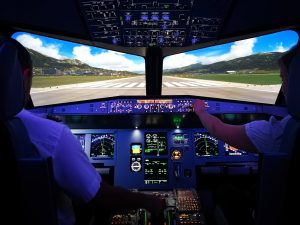 Auf der Startbahn im A320 Flugsimulator.